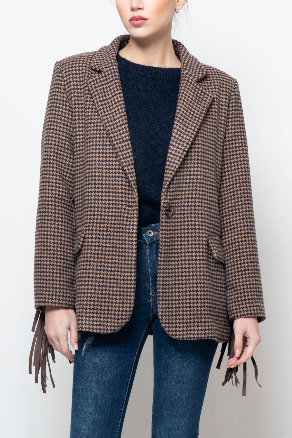 Giacca pied de poule con frange